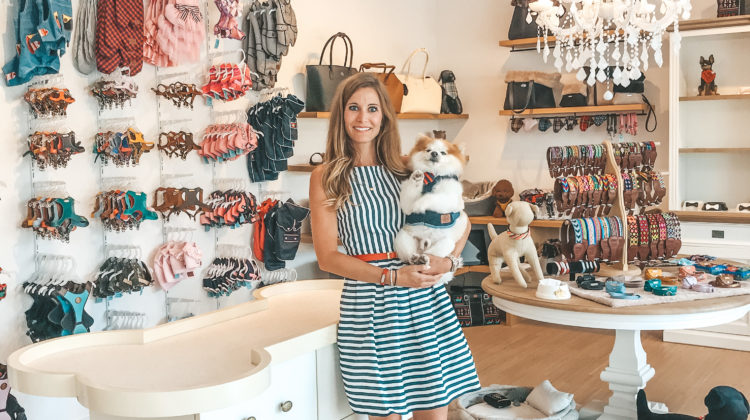 Premium Dog Fashion Carolina Corrodi Hundemode Hund in der Hand in der Boutique